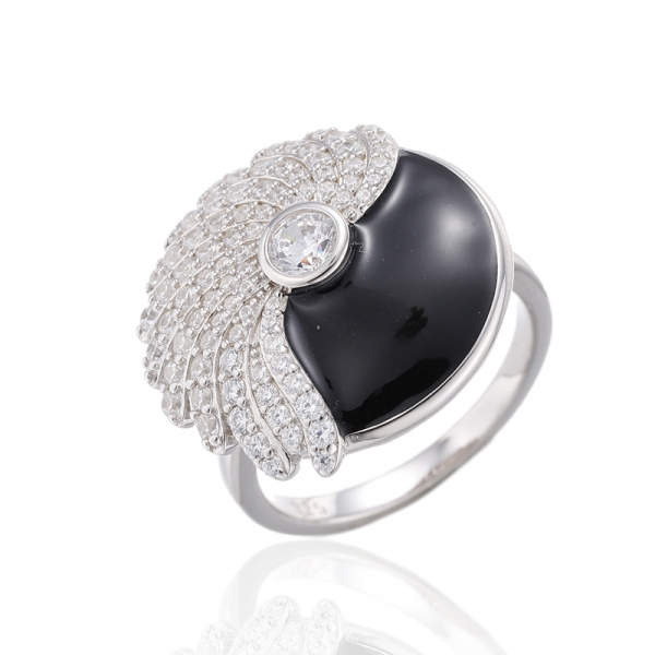 Bague en argent rhodié émail noir et zircon cubique blanc rond 