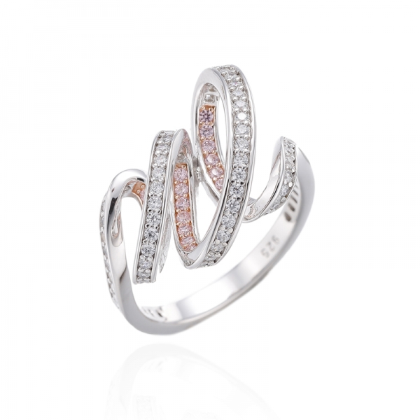 Bague en argent rhodié avec diamant rond et zircon cubique rose et blanc 