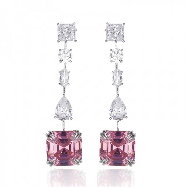 Boucle d'oreille Asscher en argent rhodié et zircon cubique rose et blanc 