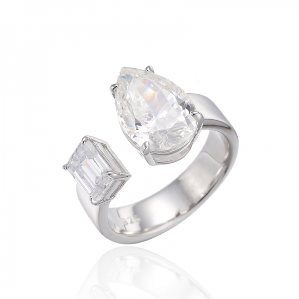 Bague ouverte en argent rhodié avec diamant en forme de poire et zircon cubique blanc émeraude 