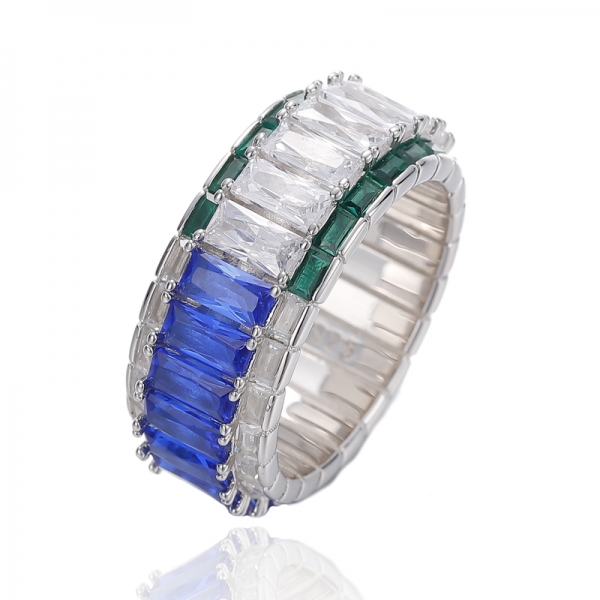 Baguette 925 Nano Bleu Et Nano Vert Avec Bague En Argent Rhodié Zircon Cubique Blanc 