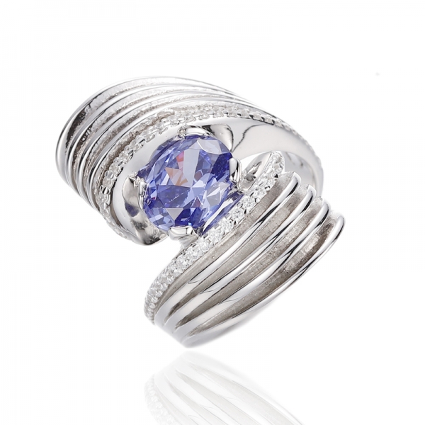 Bague en argent rhodié avec tanzanite ovale et zircon cubique blanc rond 925 