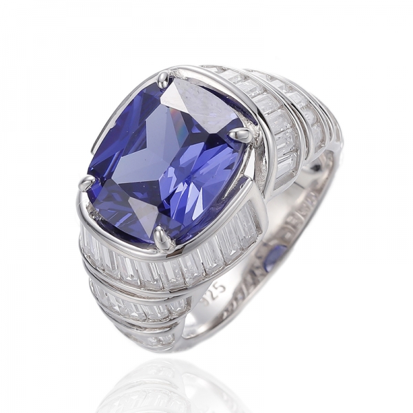 Bague Coussin Tanzanite Et Zircon Cubique Blanc Argent Rhodié 