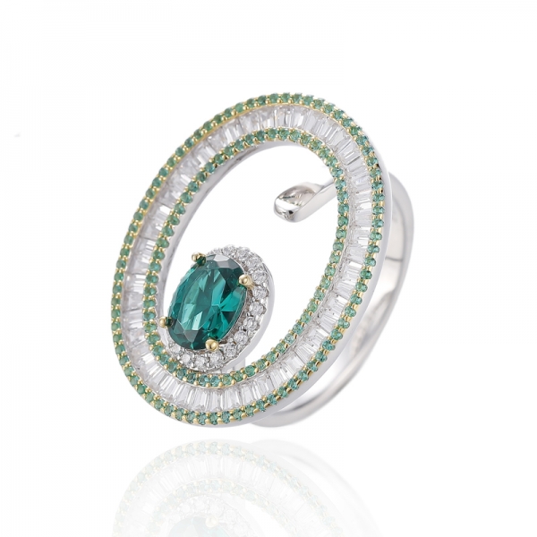 Bague en argent de forme ovale avec nano vert et zircon cubique blanc avec placage en rhodium et or 