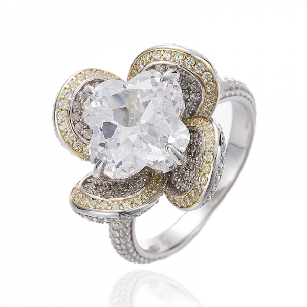 Bague en argent avec zircon cubique doré blanc et rond en forme de fleur 925 avec placage rhodium et or 