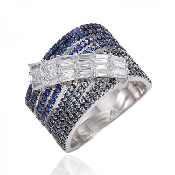 Bague ronde en argent avec nano bleu et zircon cubique blanc avec placage en rhodium et or noir 