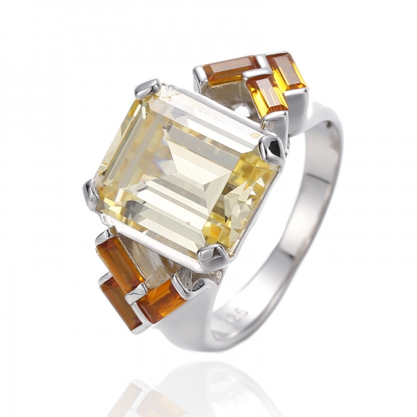 Bague en argent avec diamant en forme d'émeraude, Zircon cubique jaune et argent Nano rhodié doré 