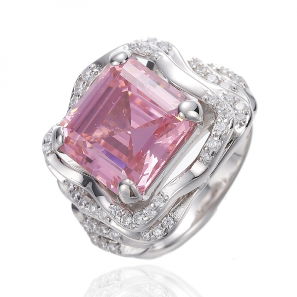 Bague Asscher en argent rhodié et diamant rose et rond avec zircon cubique blanc 