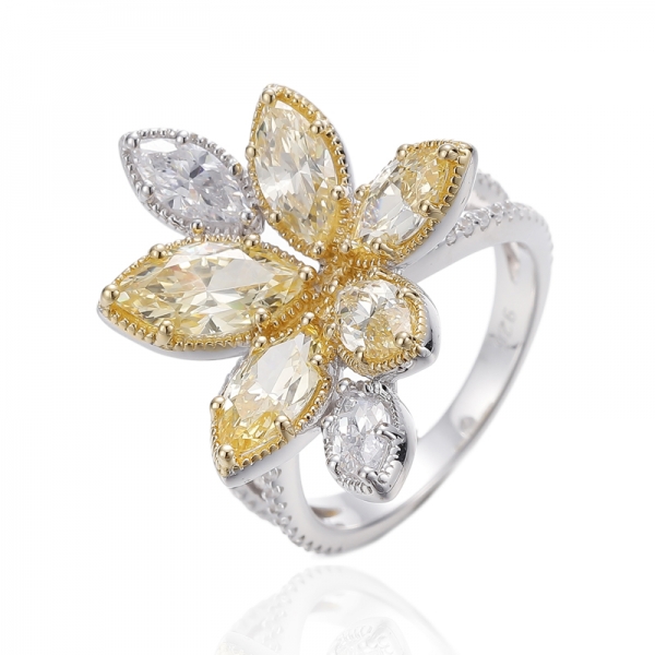 Bague en argent rhodié avec diamant marquise jaune et blanc avec zircon cubique 925 