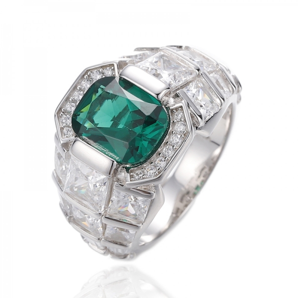 Bague Coussin Nano Vert Et Zircon Cubique Blanc Argent Rhodié 