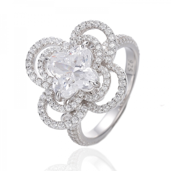 Forme de fleur et bague ronde en argent rhodié avec zircon cubique blanc 