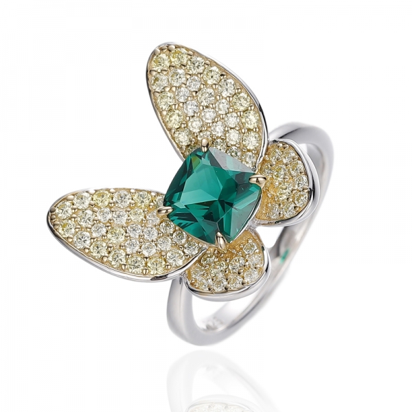 Bague en argent avec Nano vert coussin 925 et Zircon cubique doré rond avec placage rhodium et or 