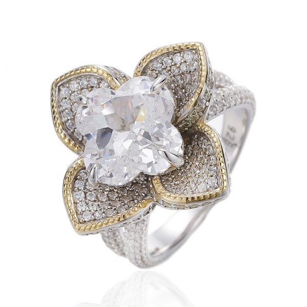 Bague en argent avec zircon cubique doré blanc et rond en forme de fleur avec rhodium et placage à l'or 