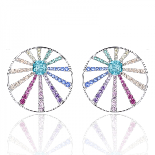 Boucle d'oreille coussin Paraiba et ronde couleur arc-en-ciel, Zircon cubique, argent rhodié 