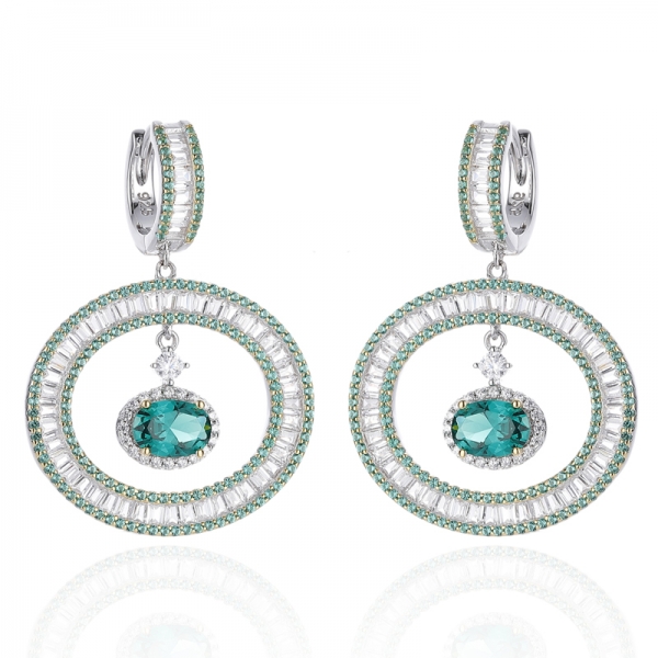 Boucle d'oreille en argent avec nano vert de forme ovale et zircon cubique blanc avec placage en rhodium et Glod 