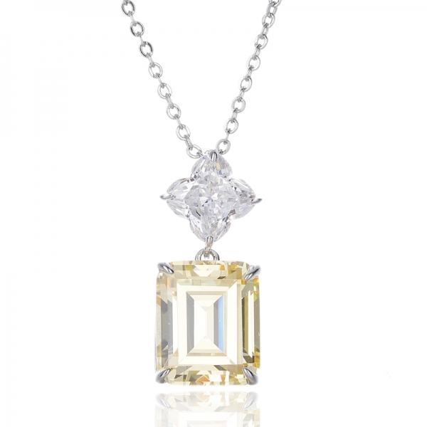 Pendentif en argent rhodié avec diamant émeraude jaune et forme de fleur, zircon cubique blanc 