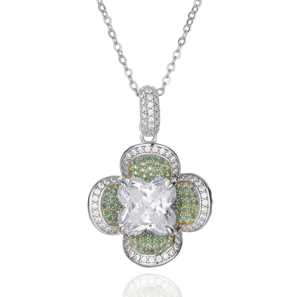 Pendentif rond en forme de fleur avec zircon cubique blanc et nano-argent vert avec placage rhodium et or 