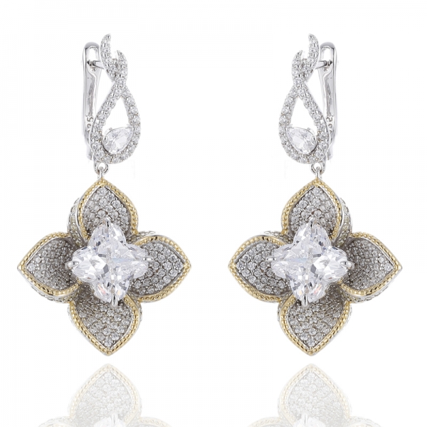 Boucle d'oreille en argent et Zircon cubique doré blanc et rond en forme de fleur 925 avec placage rhodium et or 