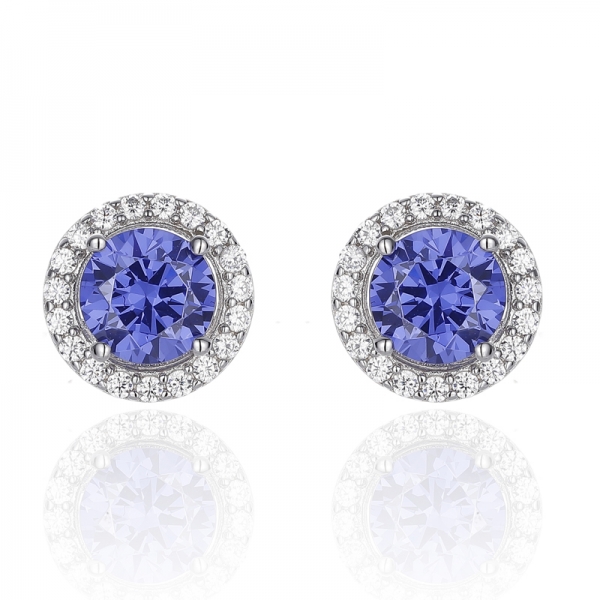 Boucle D'oreille Ronde Tanzanite Et Zircon Cubique Blanc Argent Rhodié 