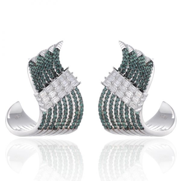 Boucle d'oreille ronde en argent avec zircon cubique blanc nano vert et baguette avec placage rhodium et doré noir 