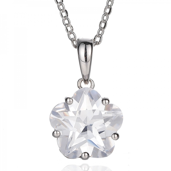 Pendentif en argent rhodié avec zircon cubique blanc en forme de fleur 925 