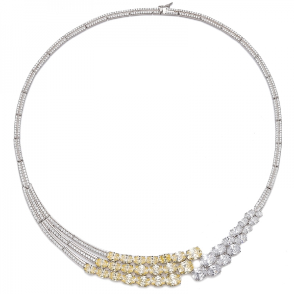 Collier en argent rhodié avec diamant de forme ovale, zircon cubique jaune et blanc 