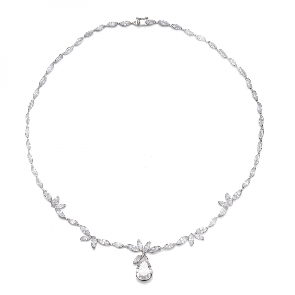 Collier en argent rhodié avec diamant en forme de poire et zircon cubique blanc marquise 