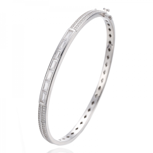 Bracelet Baguette Et Rond En Argent Rhodié Avec Zircon Cubique Blanc 