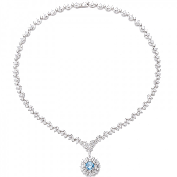 Collier en argent rhodié avec diamant rond et zircon cubique bleu et blanc 