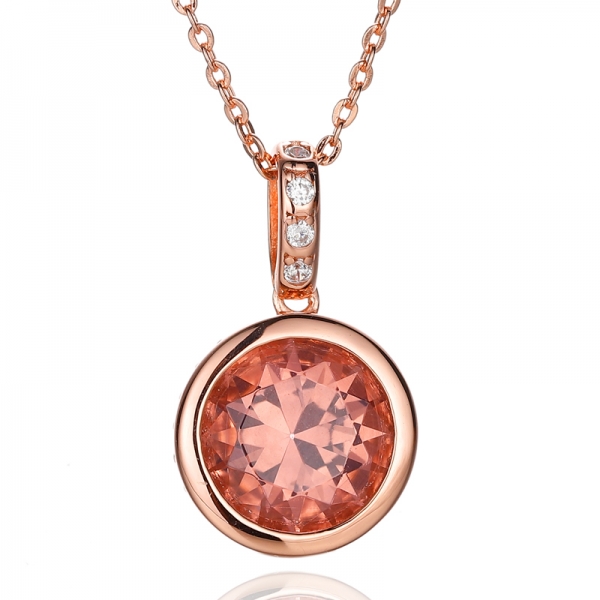 Pendentif rond en argent morganite nano et zircon cubique blanc avec placage en or rose 