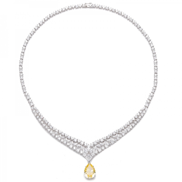 Collier en argent rhodié avec zircon cubique jaune et blanc en forme de poire 925 