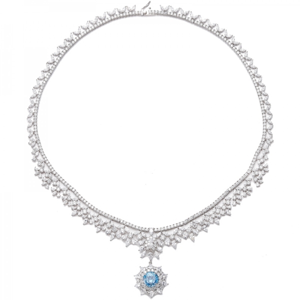 Collier en argent rhodié avec diamants ronds 925 et zircon cubique bleu et blanc 