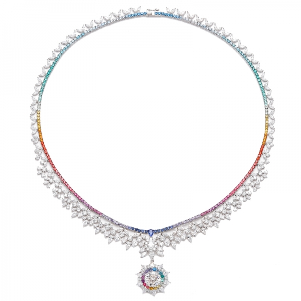 Collier en argent rhodié avec diamants ronds 925 et zircon cubique bleu et blanc 