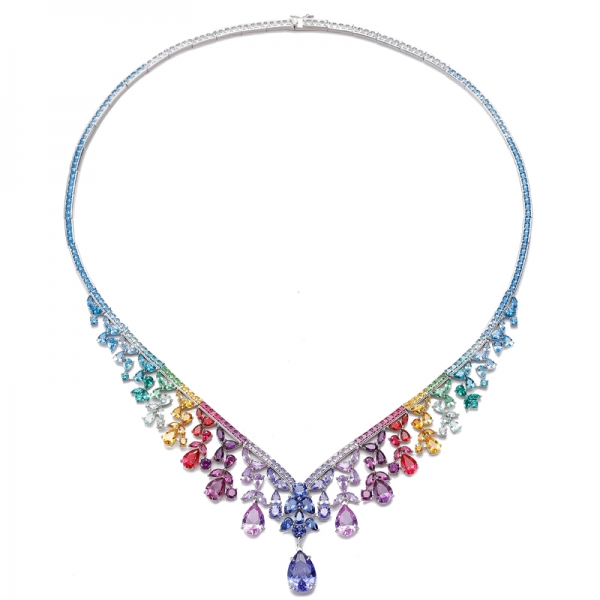 Collier en argent rhodié avec zircon cubique de couleur arc-en-ciel en forme de poire 925 