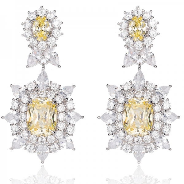 Boucle D'oreille Coussin Diamant Jaune Et Blanc Zircon Cubique Argent Rhodié 