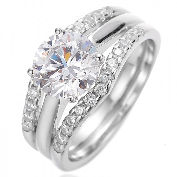 Bague ronde en argent rhodié avec zircon cubique blanc 925 