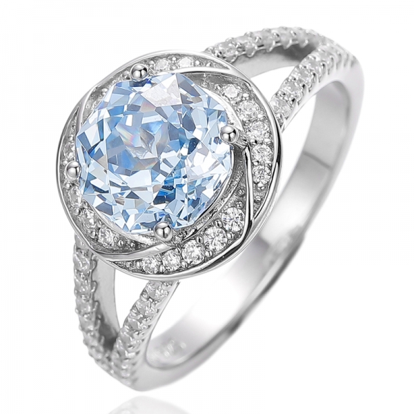 Bague Octogone Diamant Bleu Et Rond Blanc Zircon Cubique Rhodié Argent 