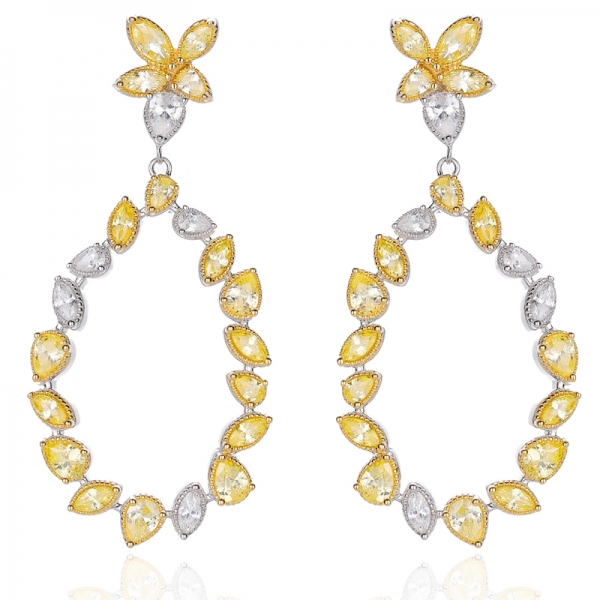 Boucle d'oreille en argent rhodié avec zircon cubique jaune et blanc en forme de poire 925 