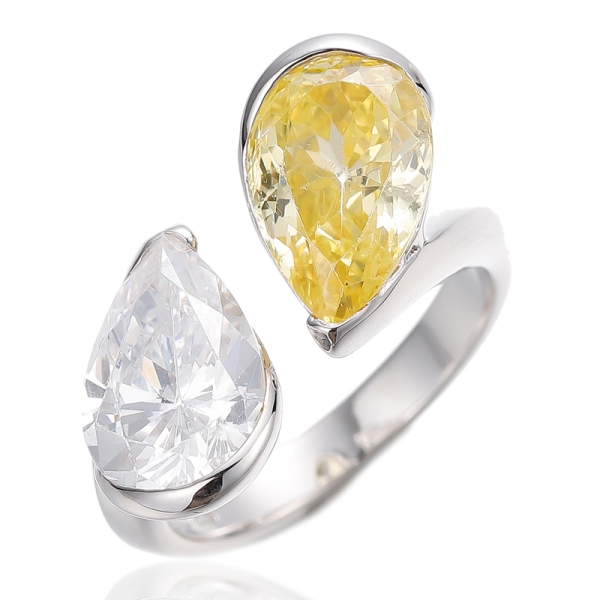 Bague ouverte en argent rhodié avec zircon cubique jaune et blanc en forme de poire 