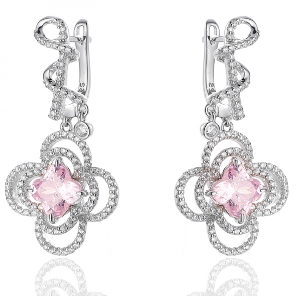 Boucle d'oreille en argent rhodié avec diamant en forme de fleur rose et rond en zircon cubique blanc 