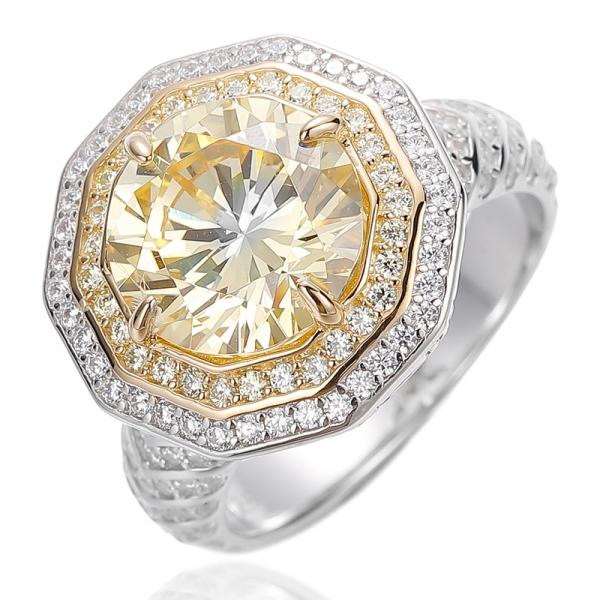 Bague en argent avec diamant rond jaune et zircon cubique Gloden avec placage rhodium et or 