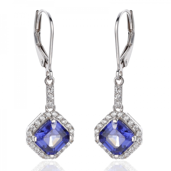 Boucle d'oreille Asscher en argent rhodié avec tanzanite et zircon cubique blanc rond 