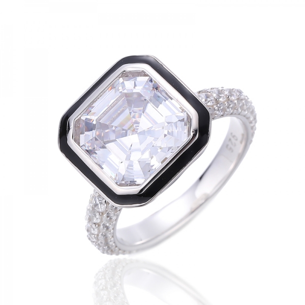 Asscher et zircon cubique blanc avec bague en argent rhodié émail noir 