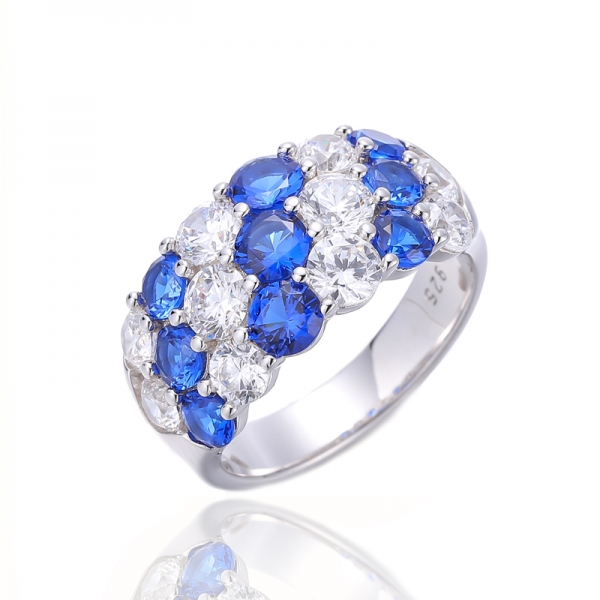 Round Blue Nano And White Cubic Zircon Rhodium Silver Ring 