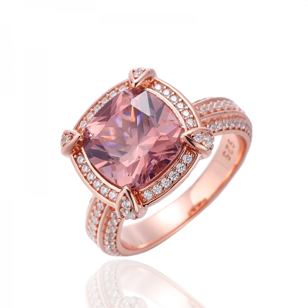 Bague en argent avec morganite coussin nano et zircon cubique blanc rond avec placage en or rose 