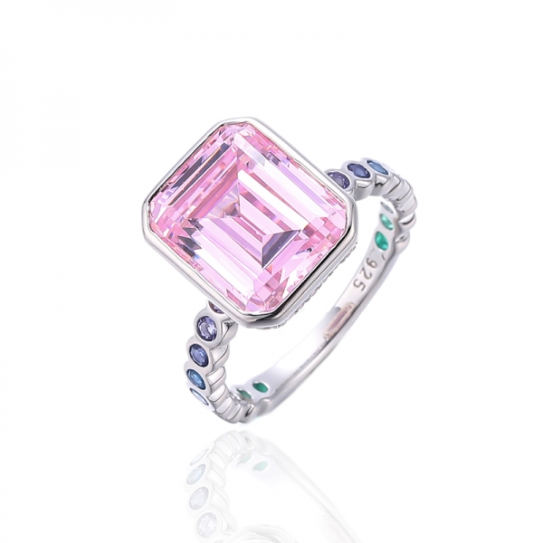 Bague en argent rhodié avec diamant taille émeraude et couleur arc-en-ciel ronde en zircon cubique 