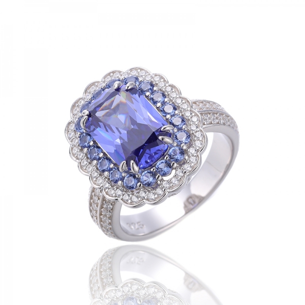 Cushion Tanzanite Cubic Zircon And Tanzanite Nano Rhodium Silver Ring 