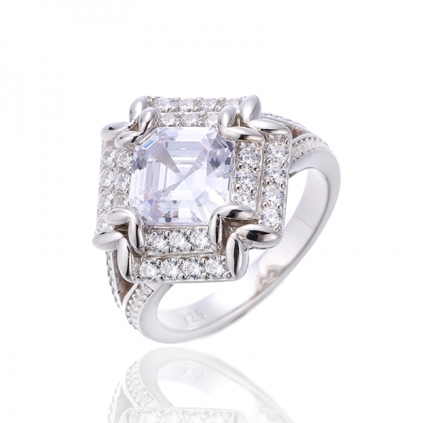 Bague Asscher en argent rhodié avec zircon cubique blanc rose et rond 