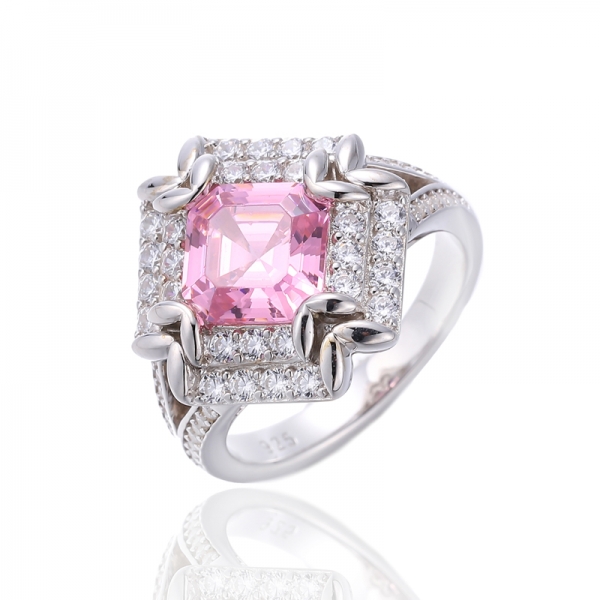 Bague Asscher en argent rhodié avec zircon cubique blanc rose et rond 