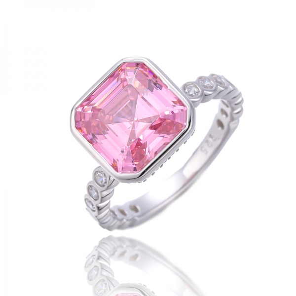 Bague Asscher en argent rhodié et zircon cubique blanc rond canari 
